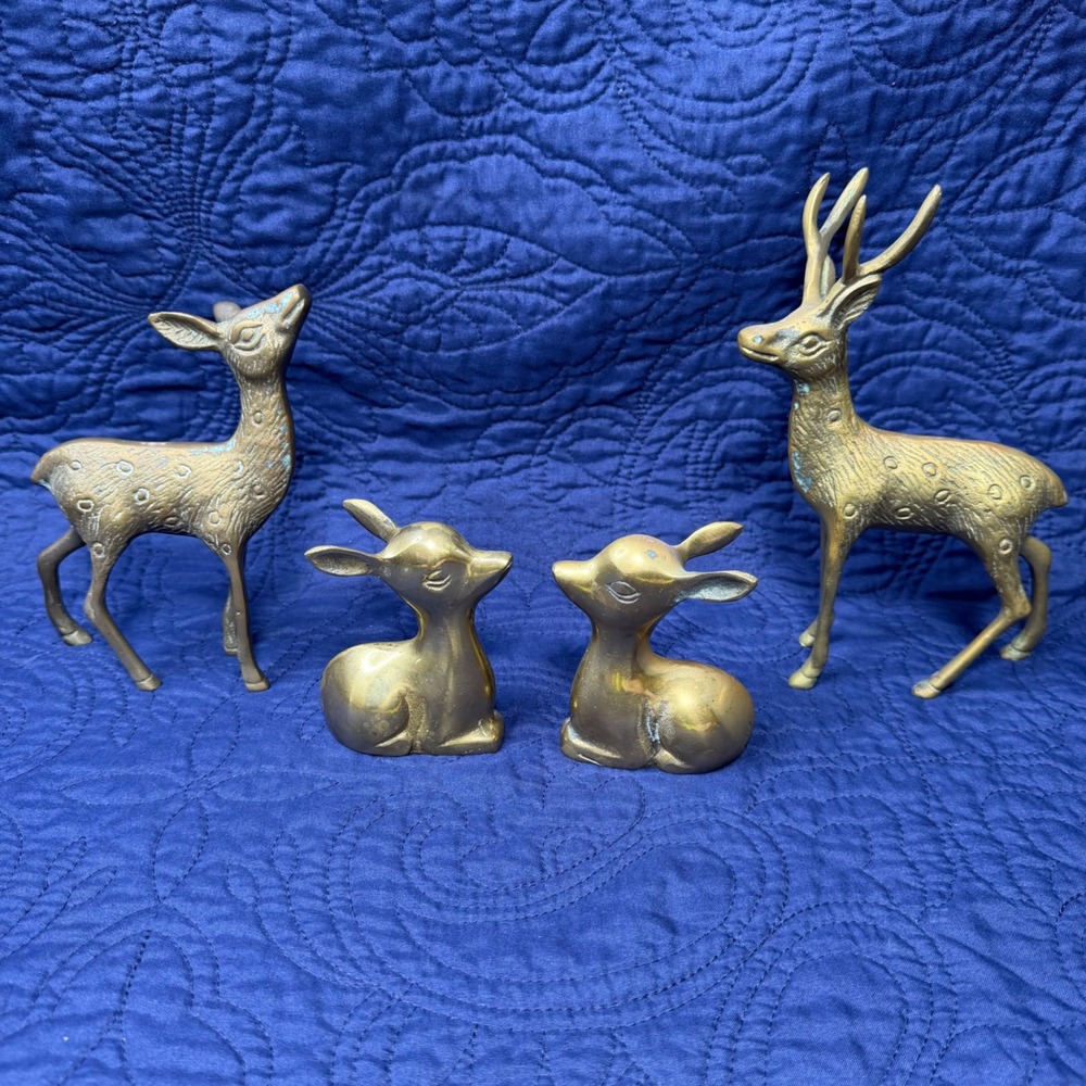 Vintage Solid Brass Deer Family Figurines Set 4 Buck Doe Fawn Mid Century Decor